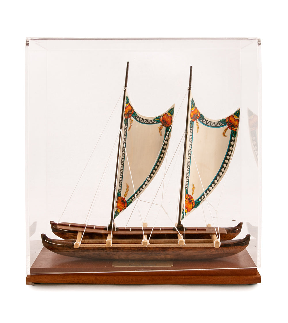 Koa 11.5”L Canoe "Hawaiian Voyage 2 Hull Sail/Hibiscus" by Francis Pimmel - PIMM46485C