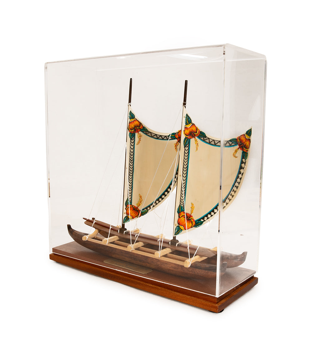 Koa 11.5”L Canoe "Hawaiian Voyage 2 Hull Sail/Hibiscus" by Francis Pimmel - PIMM46485C