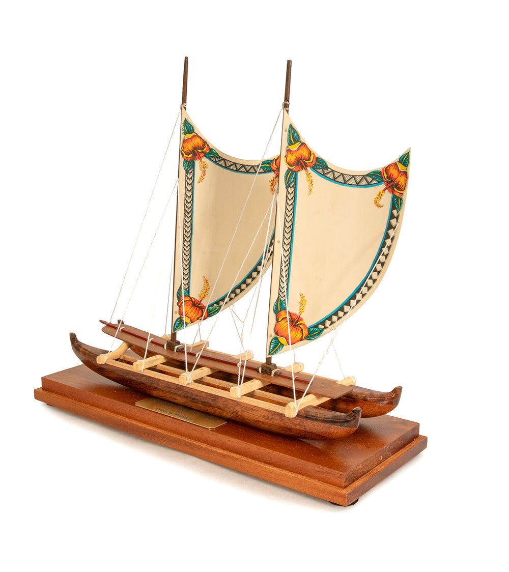 Koa 11.5”L Canoe "Hawaiian Voyage 2 Hull Sail/Hibiscus" by Francis Pimmel - PIMM46485C