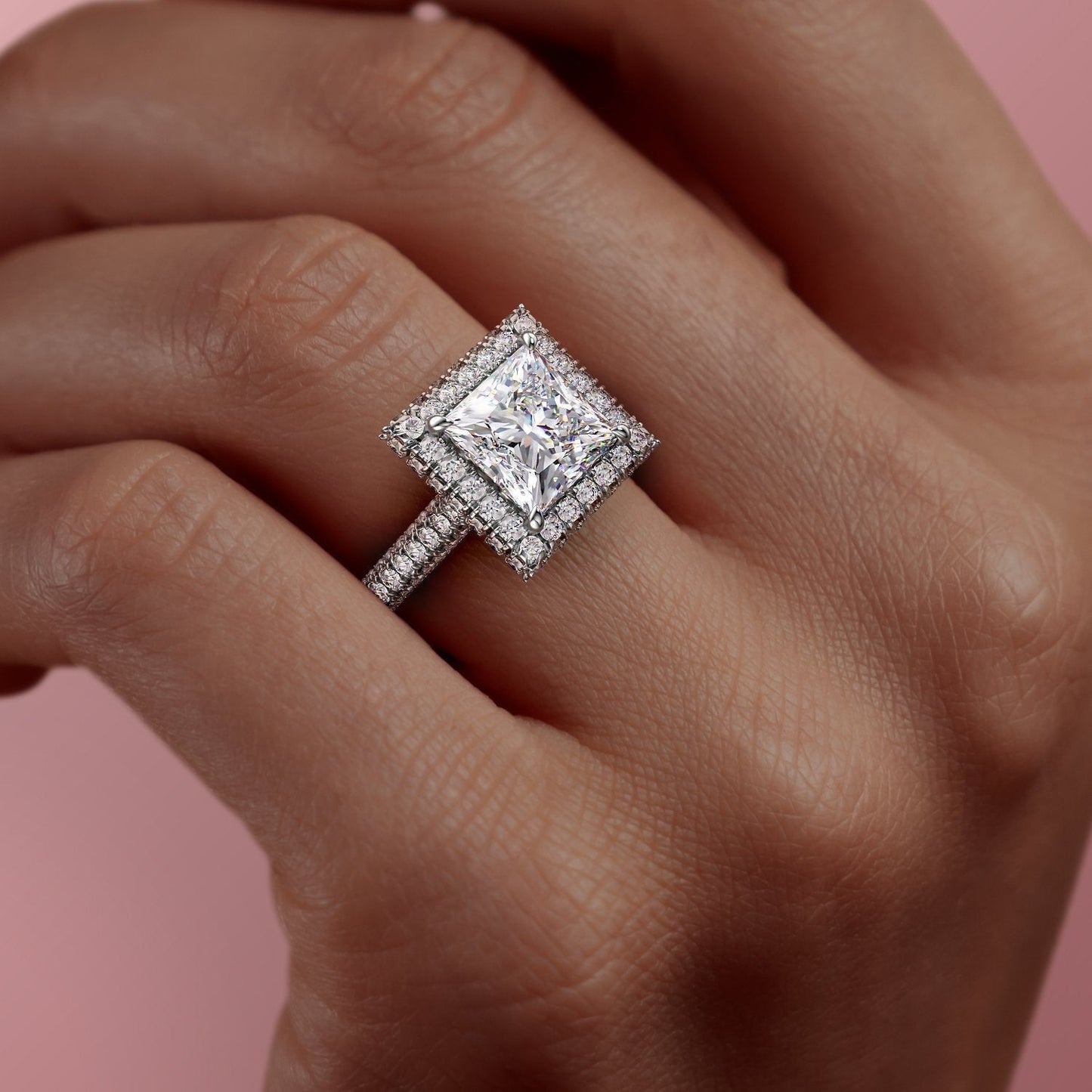 Intricate Solarii Moissanite 2.0ct Princess Cut 925 Sterling Silver Hidden Halo Engagement Ring