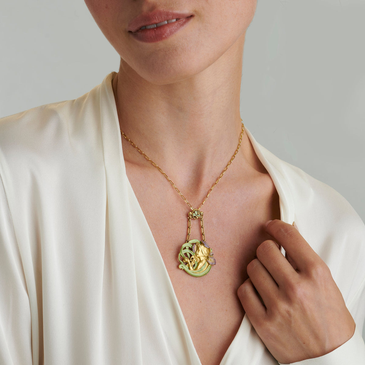 André Rambour "Femme-Fleur" Enamel Gold Pendant Necklace