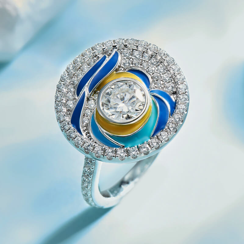 Paintings "The Starry Night" Inspired Moissanite Enamel Engagement Ring