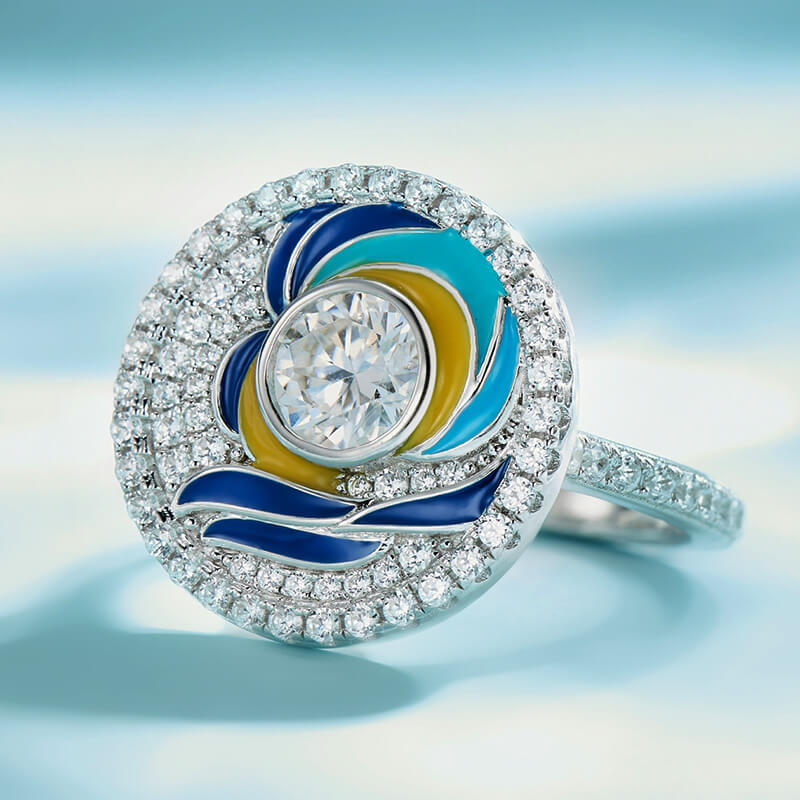 Paintings "The Starry Night" Inspired Moissanite Enamel Engagement Ring