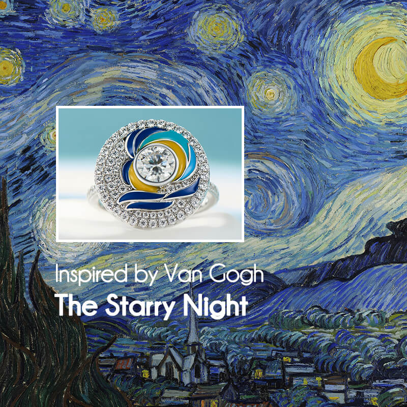 Paintings "The Starry Night" Inspired Moissanite Enamel Engagement Ring