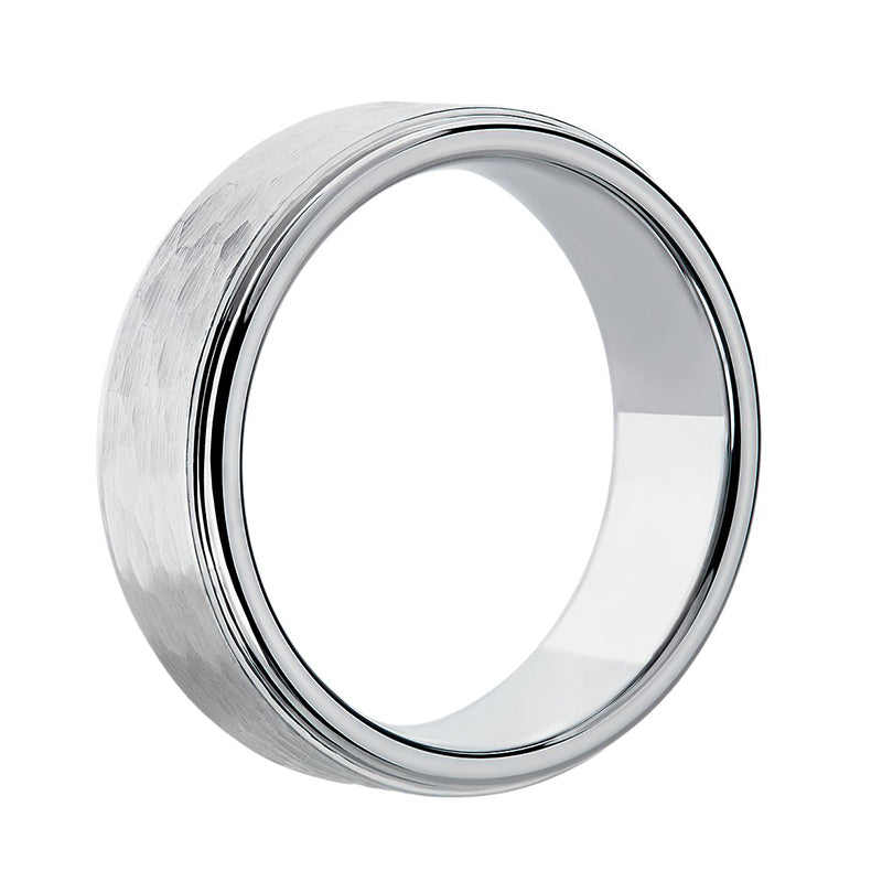 Hammered Texture Wedding Band Ring Polished Step In Sterling Silver