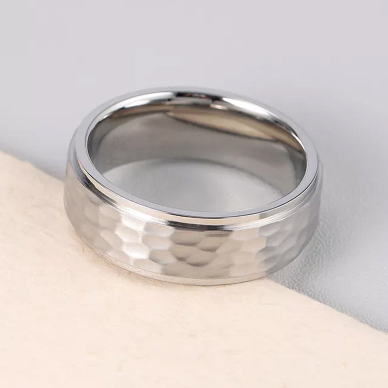 Hammered Texture Wedding Band Ring Polished Step In Sterling Silver