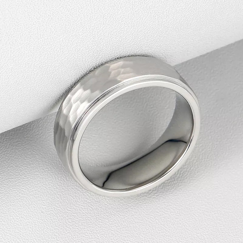 Hammered Texture Wedding Band Ring Polished Step In Sterling Silver