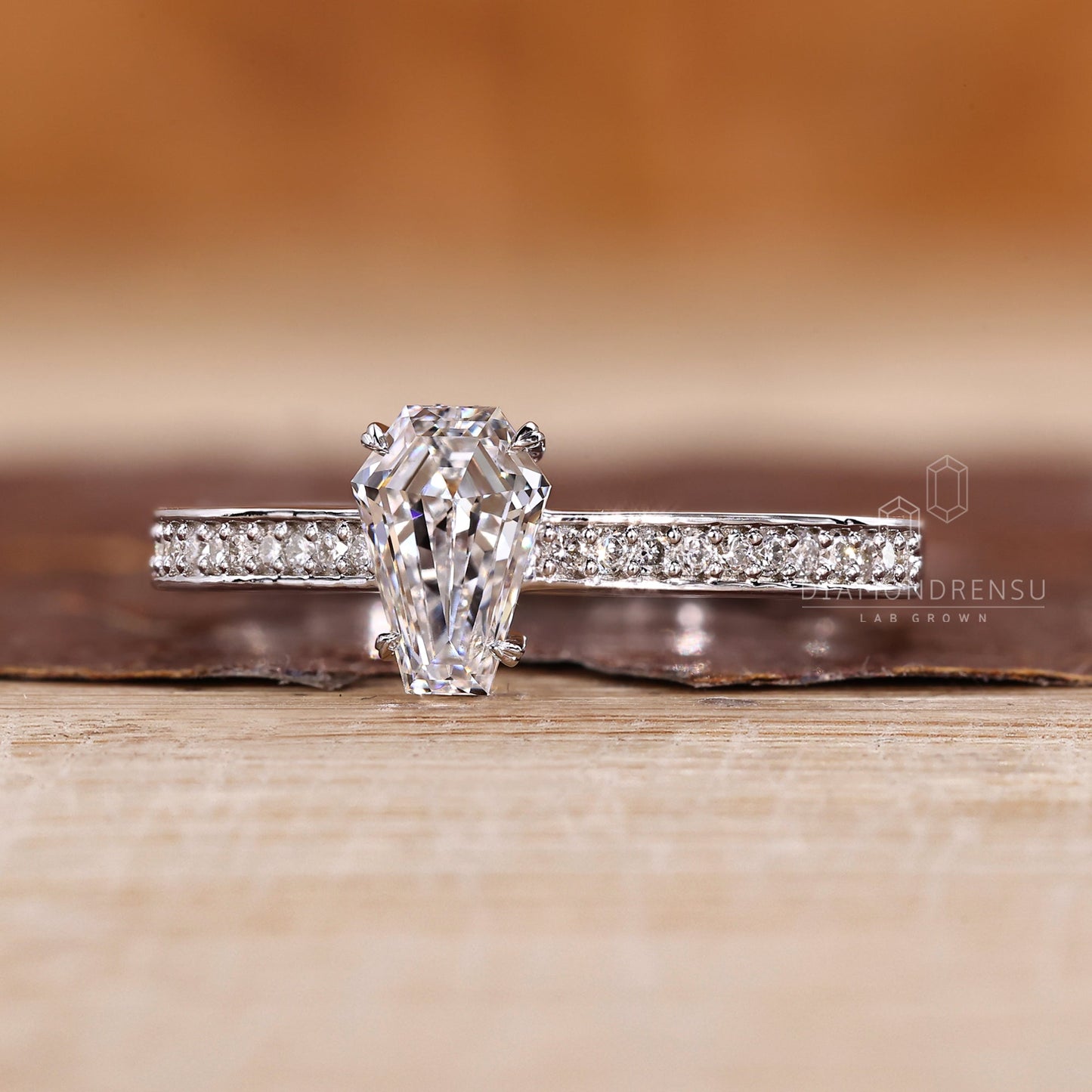 Cathedral Setting Coffin Cut Diamond Ring with Hidden Halo