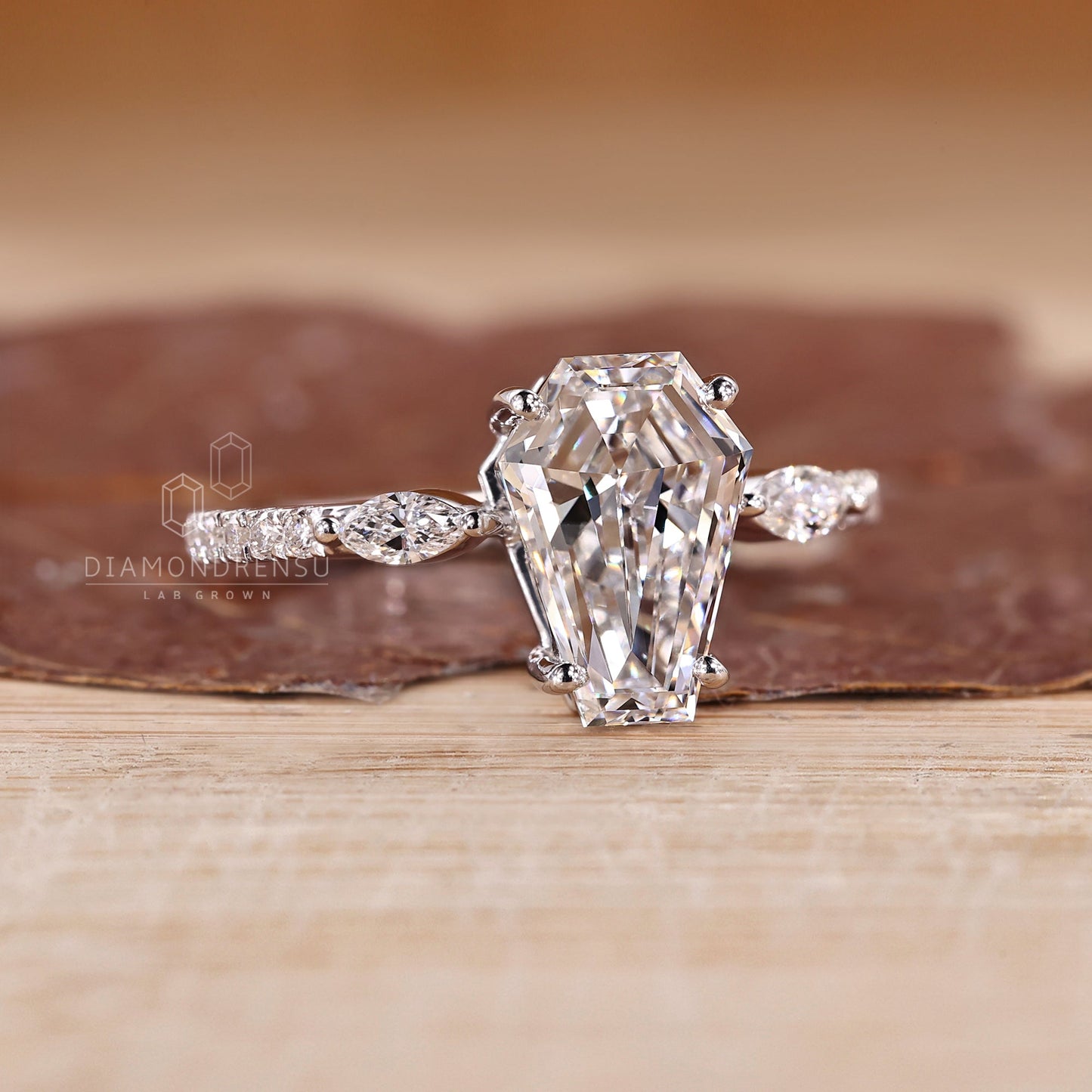 Coffin Shaped Diamond Ring with Marquise Side Stones