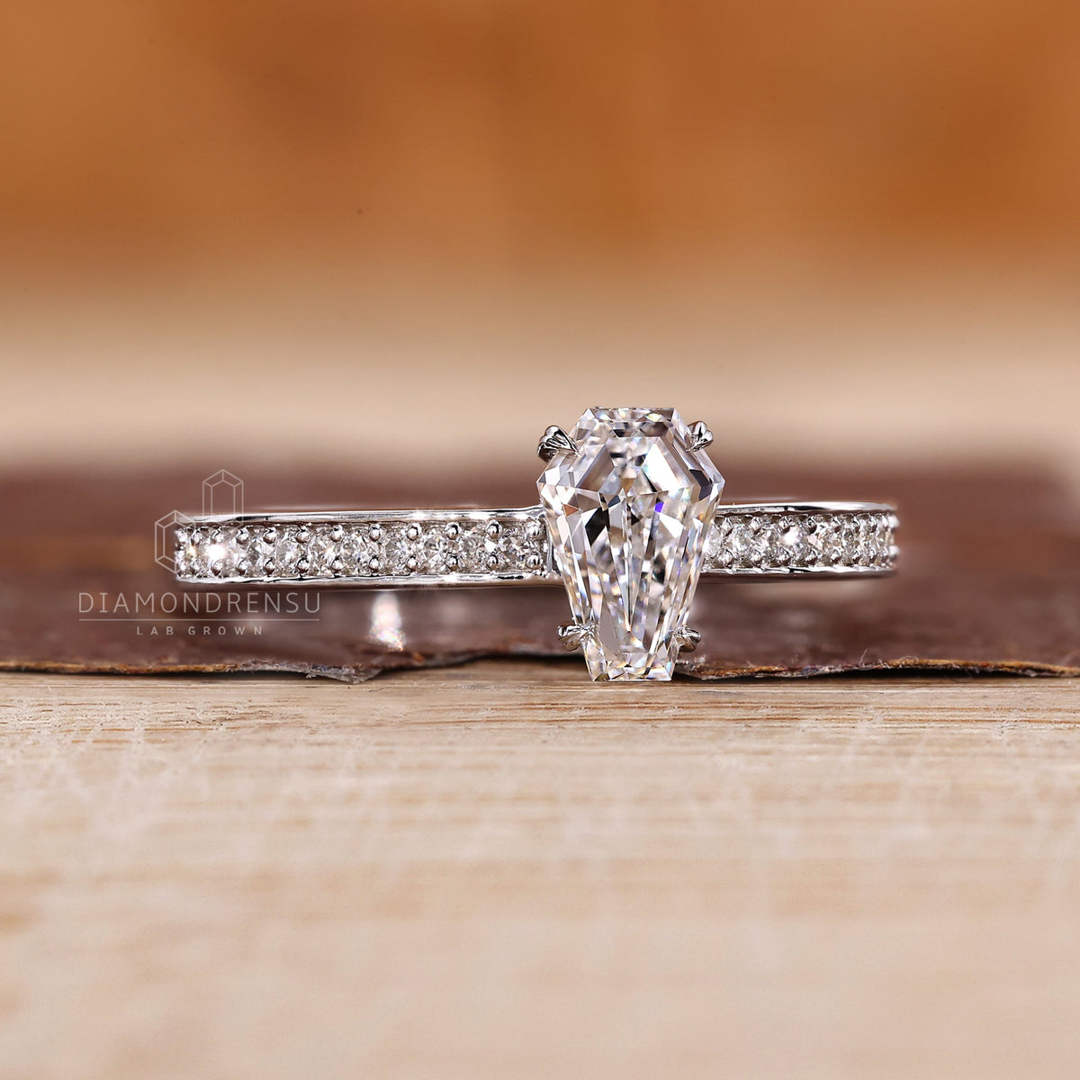 Cathedral Setting Coffin Cut Diamond Ring with Hidden Halo