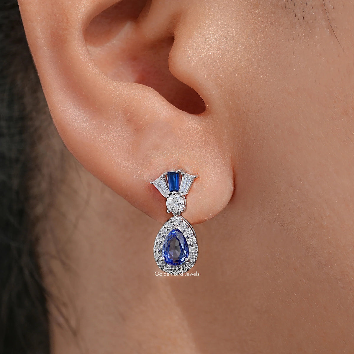 Pear Cut Lab Diamond Halo Dangle Drop Earrings