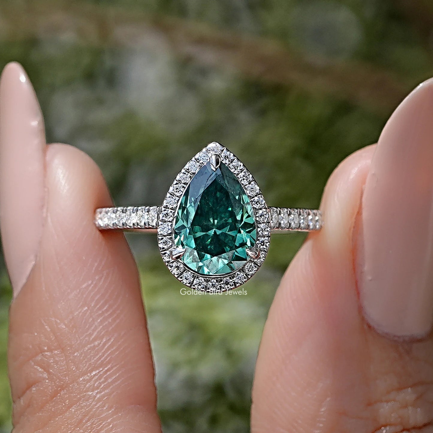 Green Pear Moissanite Halo Accent Wedding Ring