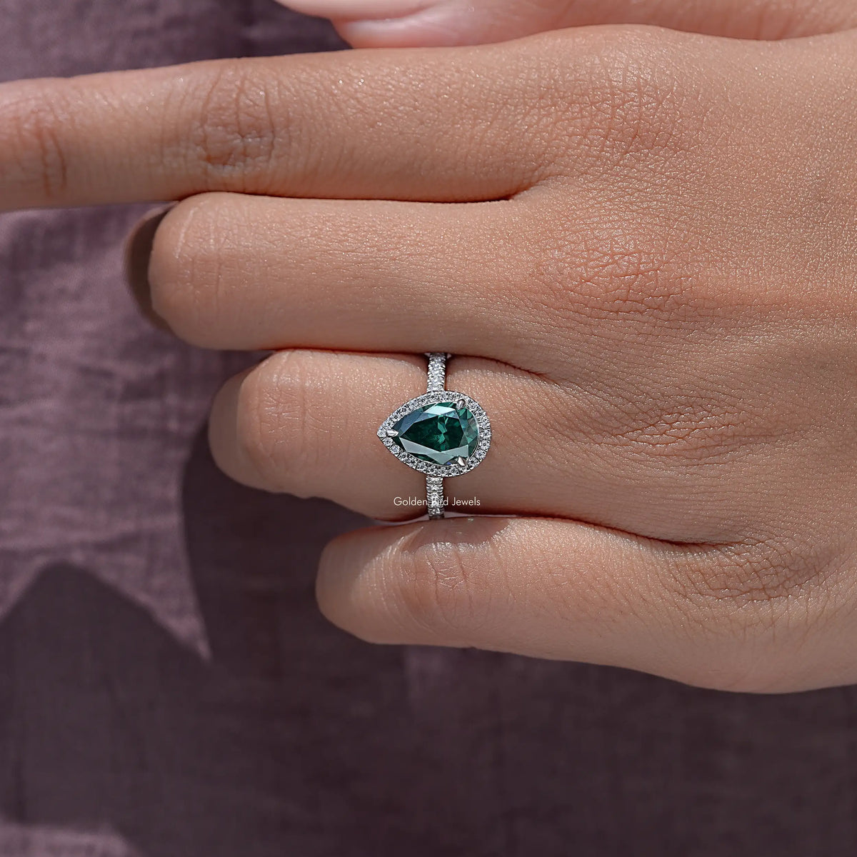 Green Pear Moissanite Halo Accent Wedding Ring