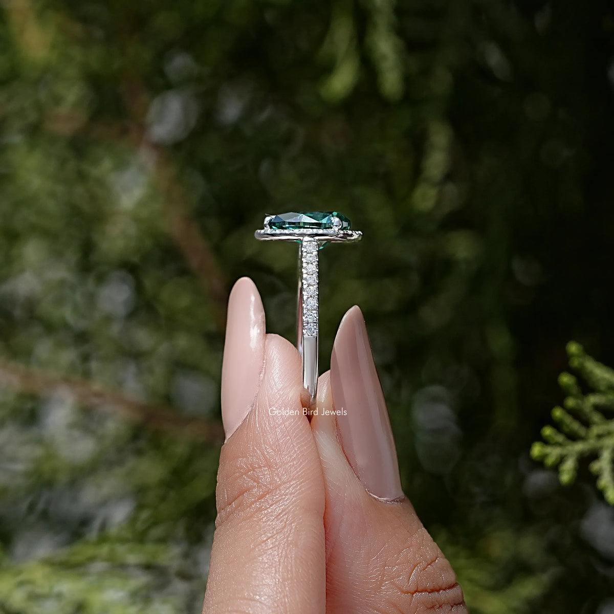 Green Pear Moissanite Halo Accent Wedding Ring