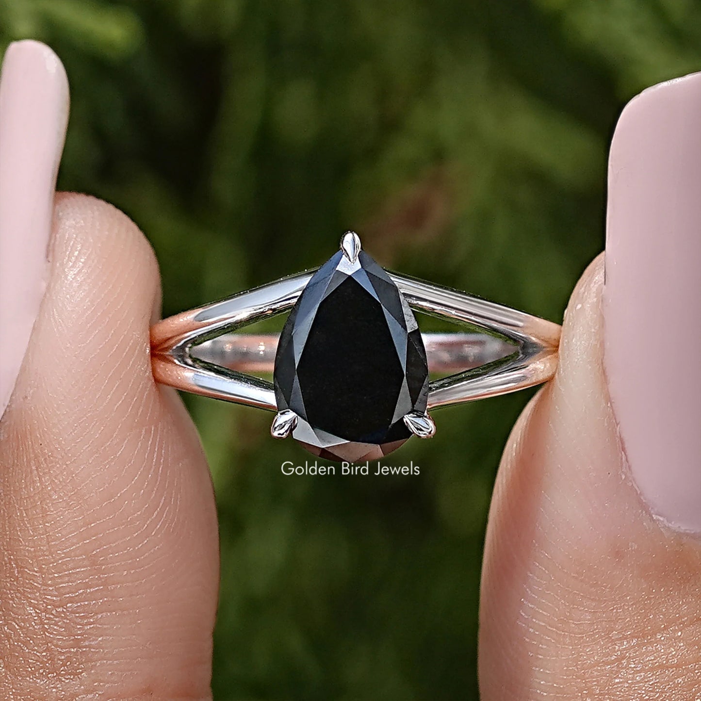 Black Pear Cut Moissanite Split Shank Ring