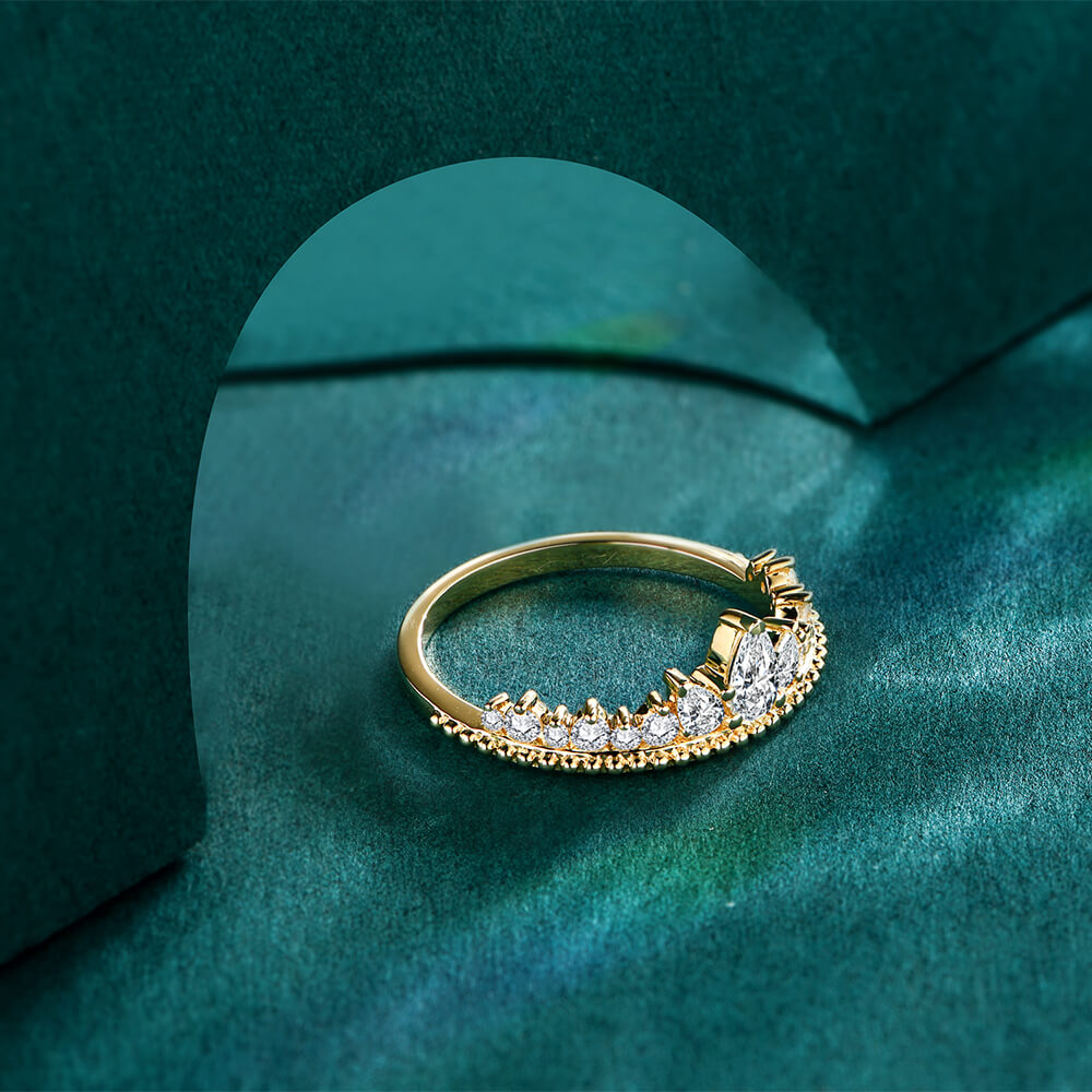 Pear And Round Moissanite Milgrain Half Eternity Wedding Band Ring
