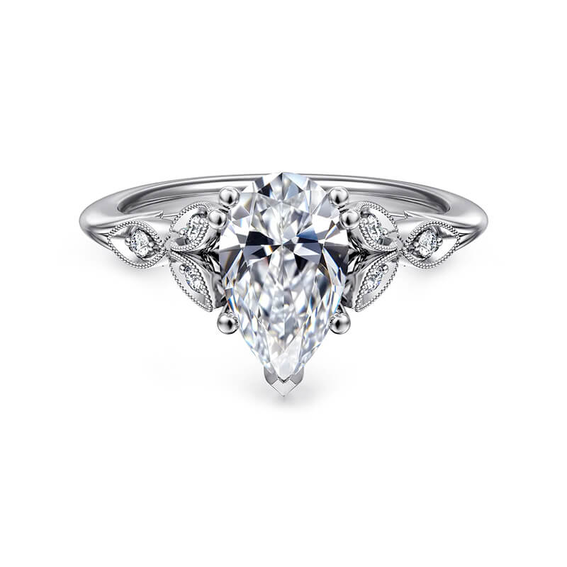 Pear Cut Moissanite Floral Marquise Petals Milgrain Engagement Ring
