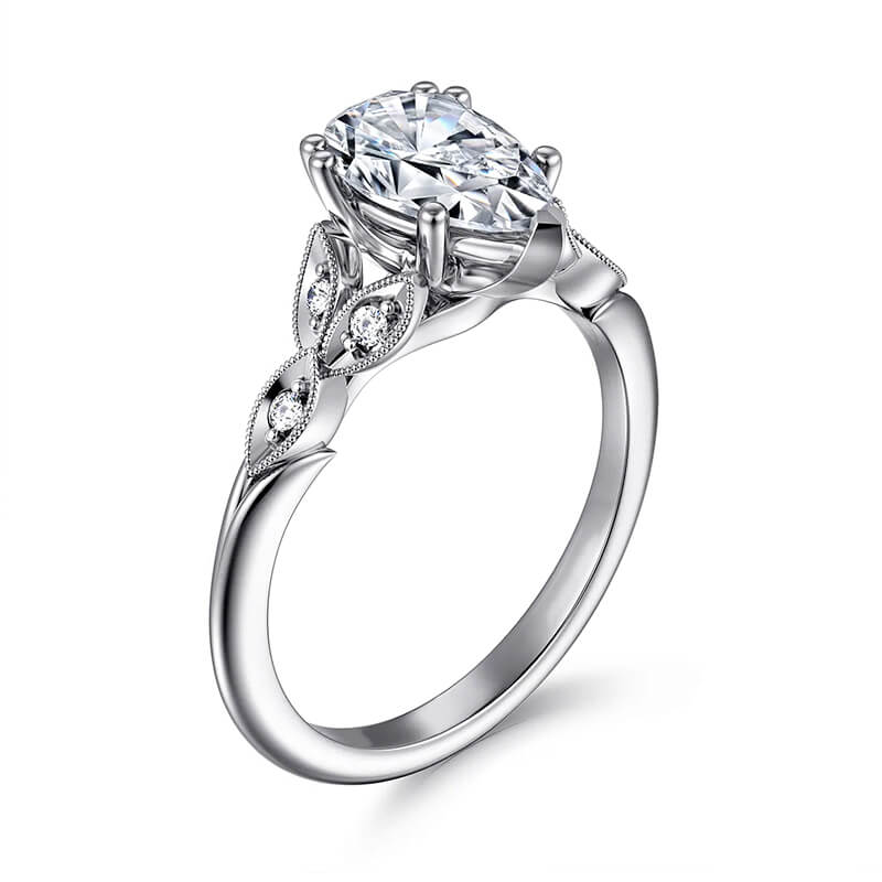 Pear Cut Moissanite Floral Marquise Petals Milgrain Engagement Ring