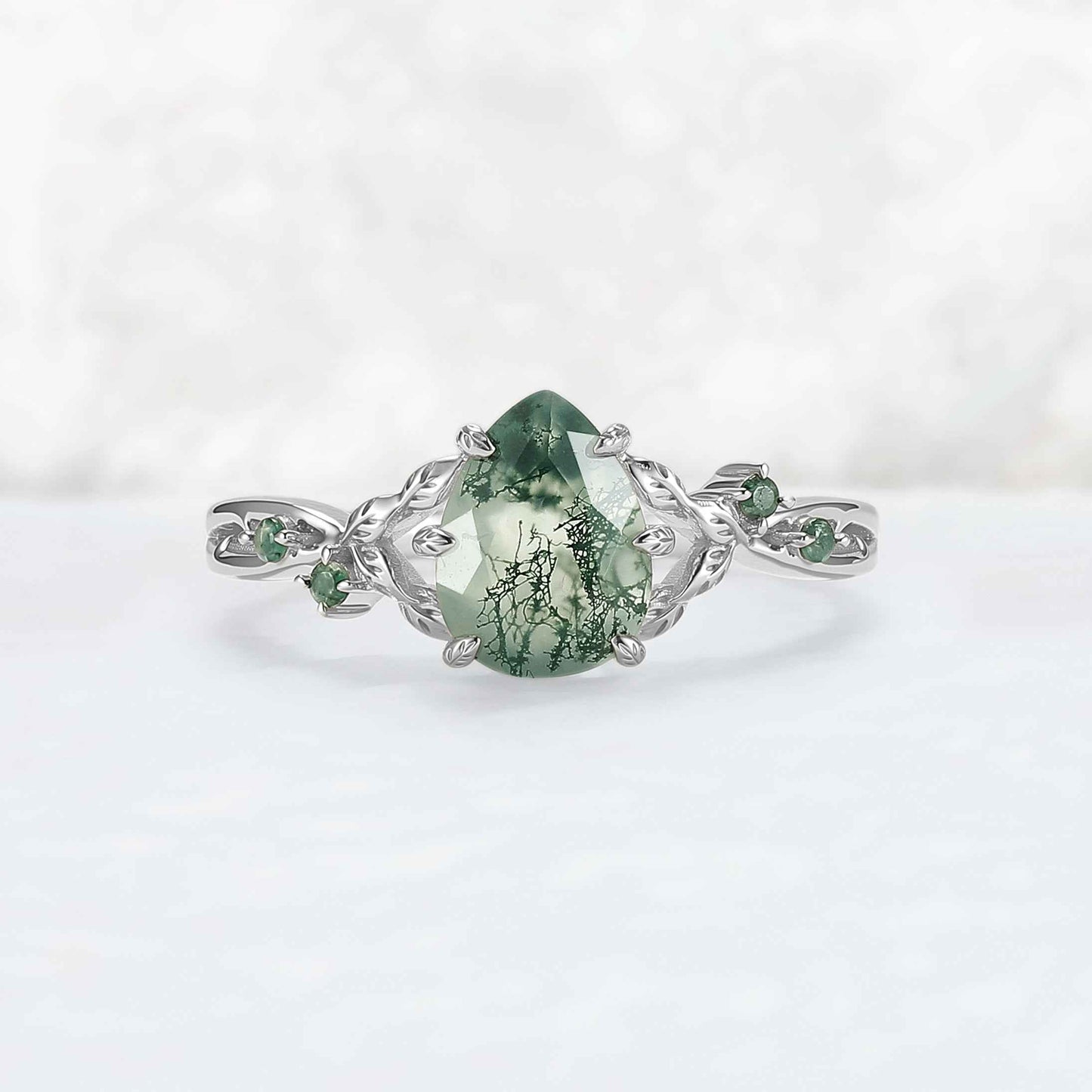 Pear Cut Nature Inspired Moss Agate Leafy Gemstone Ring - IverJewelry