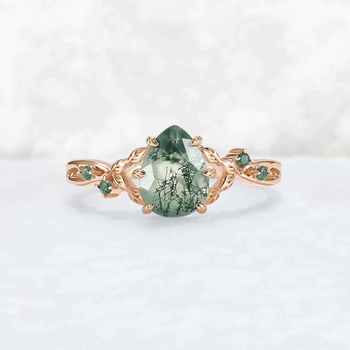 Pear Cut Nature Inspired Moss Agate Leafy Gemstone Ring - IverJewelry