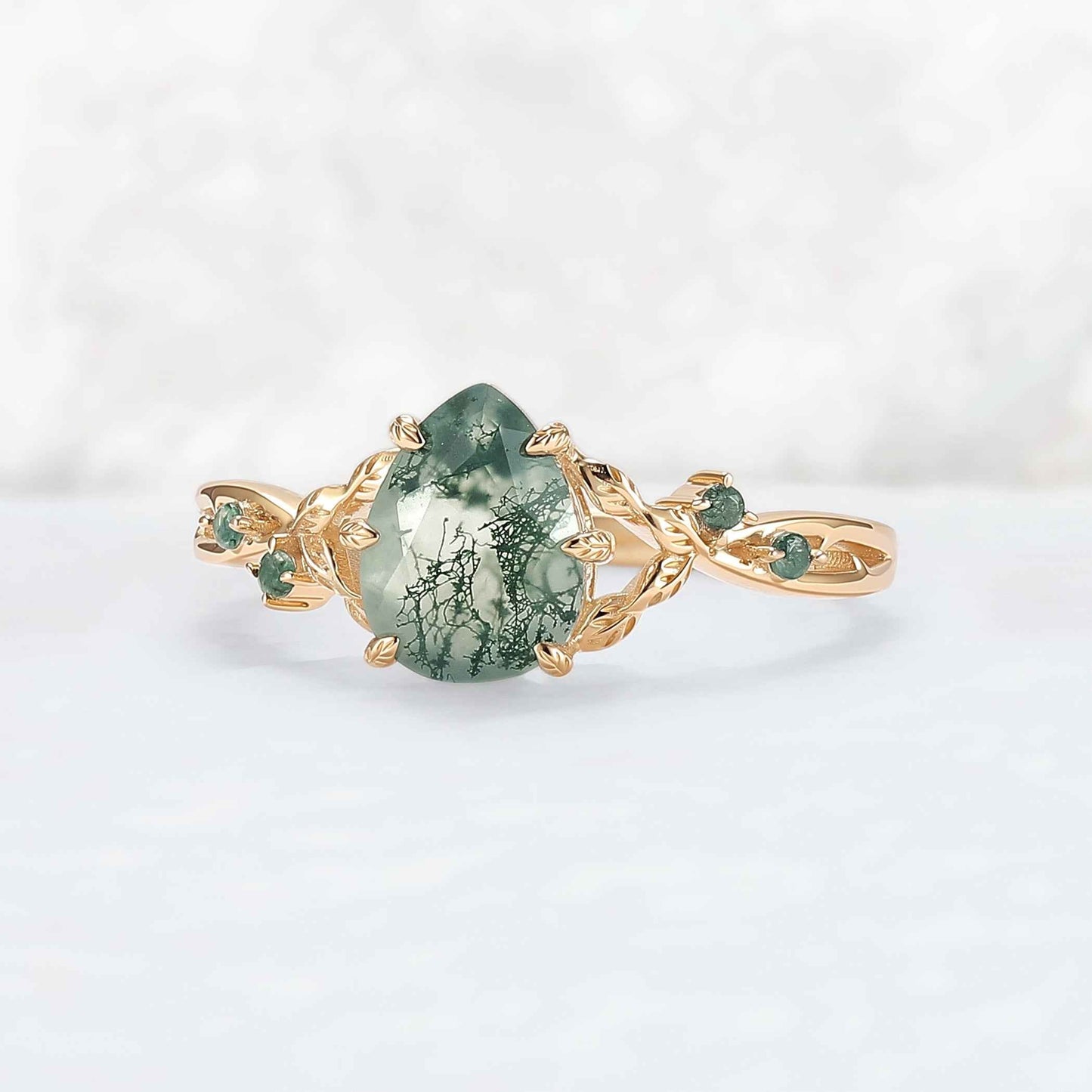 Pear Cut Nature Inspired Moss Agate Leafy Gemstone Ring - IverJewelry