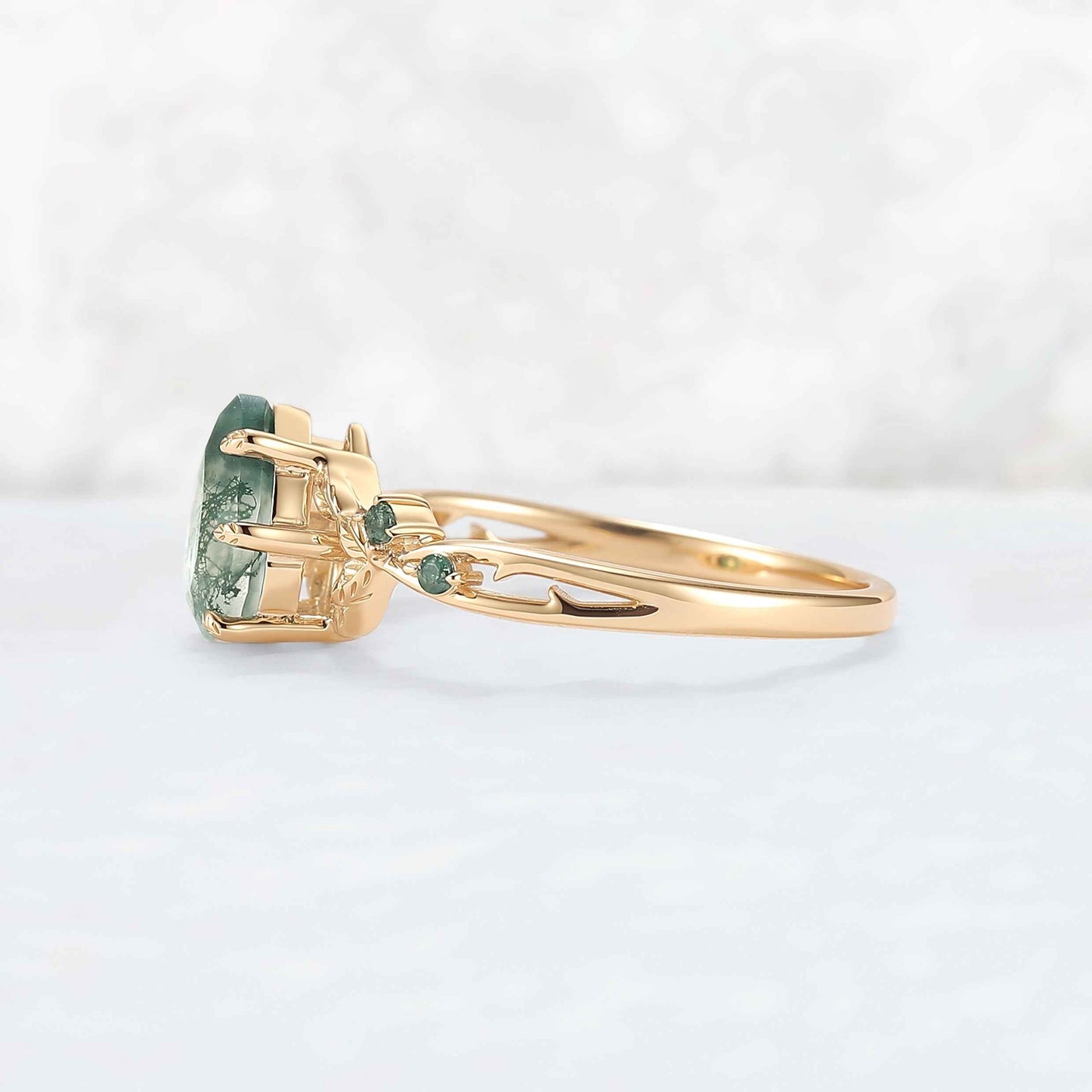 Pear Cut Nature Inspired Moss Agate Leafy Gemstone Ring - IverJewelry