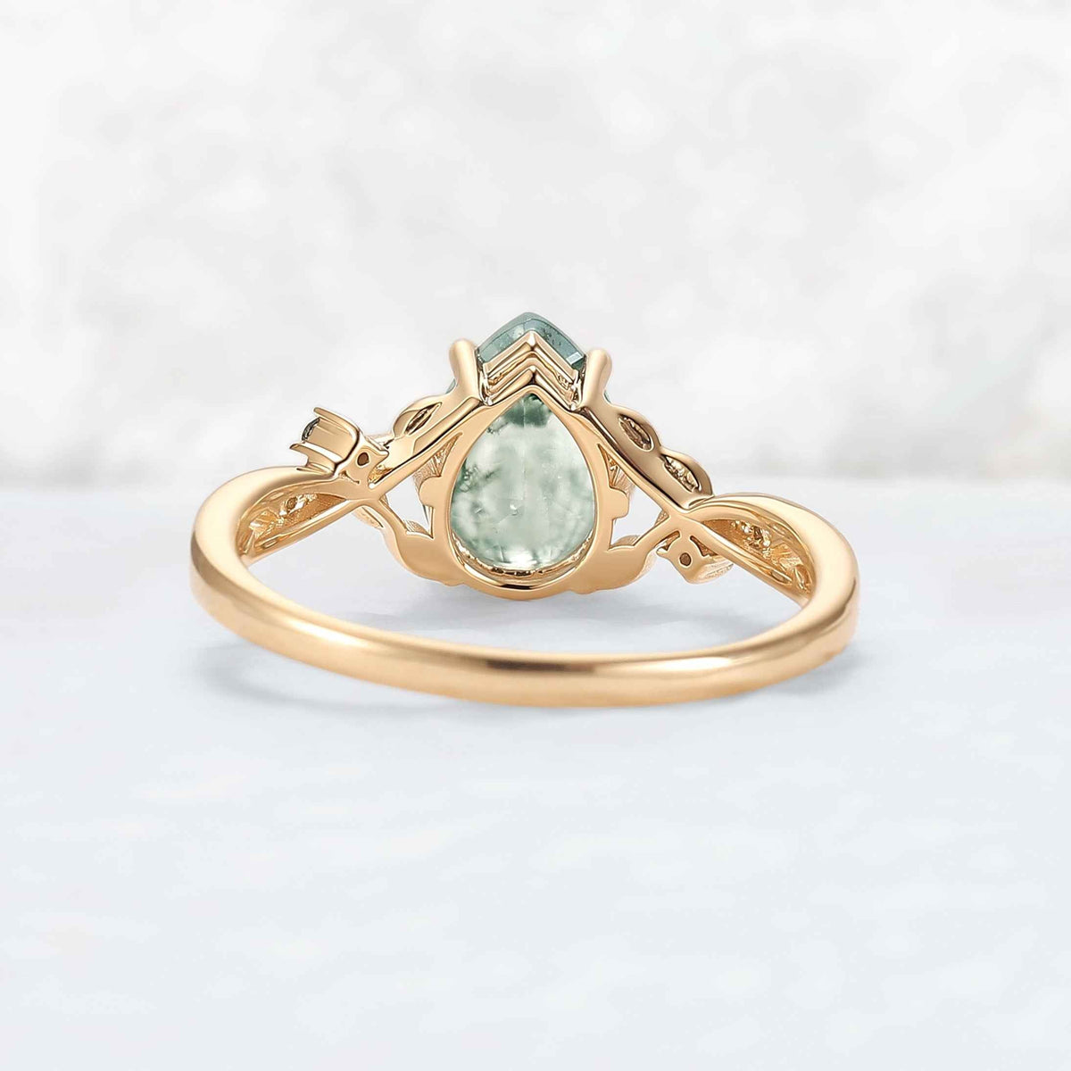 Pear Cut Nature Inspired Moss Agate Leafy Gemstone Ring - IverJewelry