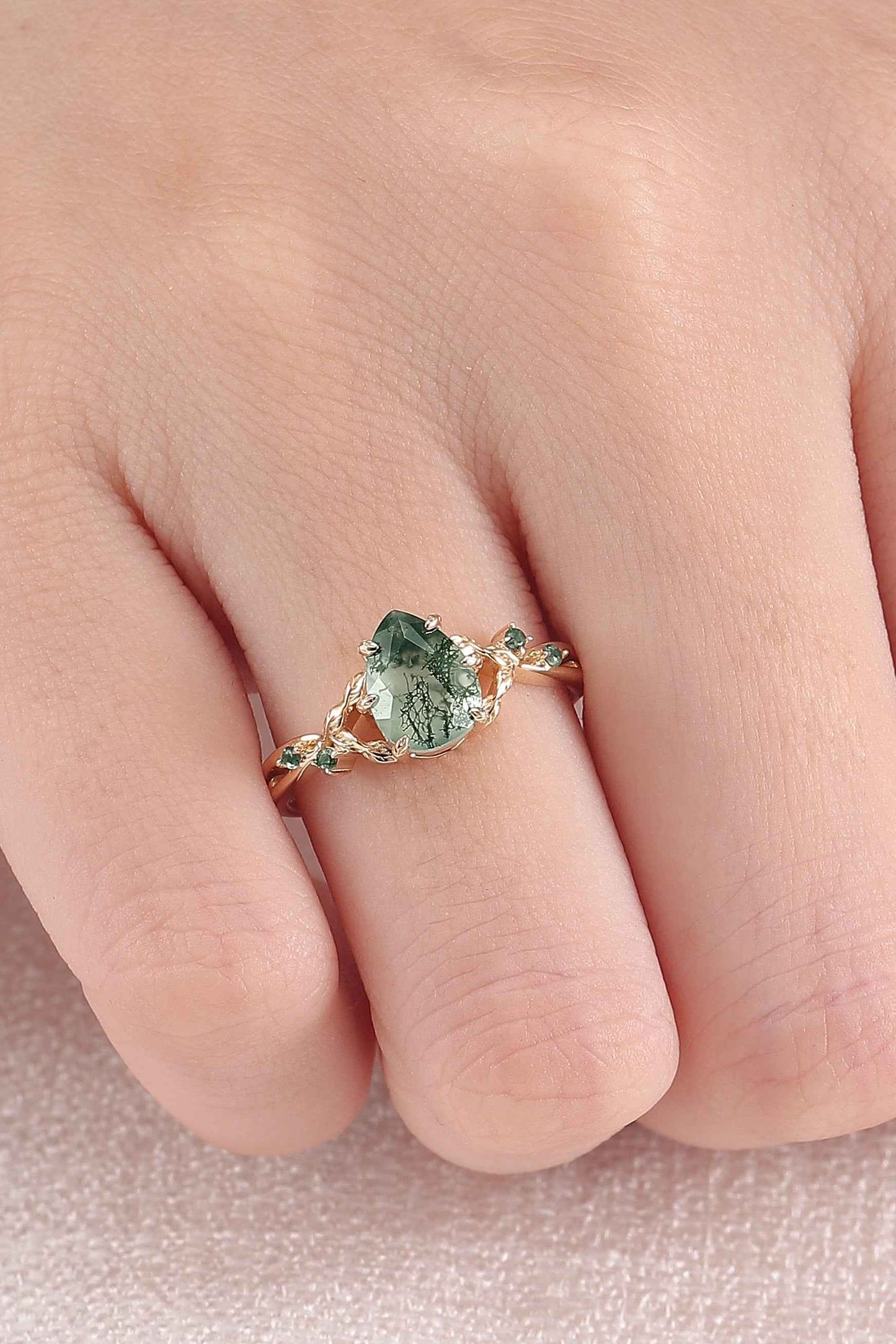 Pear Cut Nature Inspired Moss Agate Leafy Gemstone Ring - IverJewelry