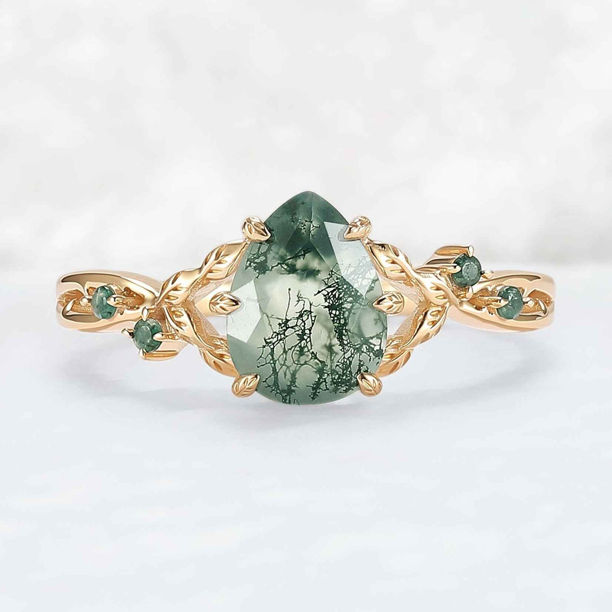 Pear Cut Nature Inspired Moss Agate Leafy Gemstone Ring - IverJewelry