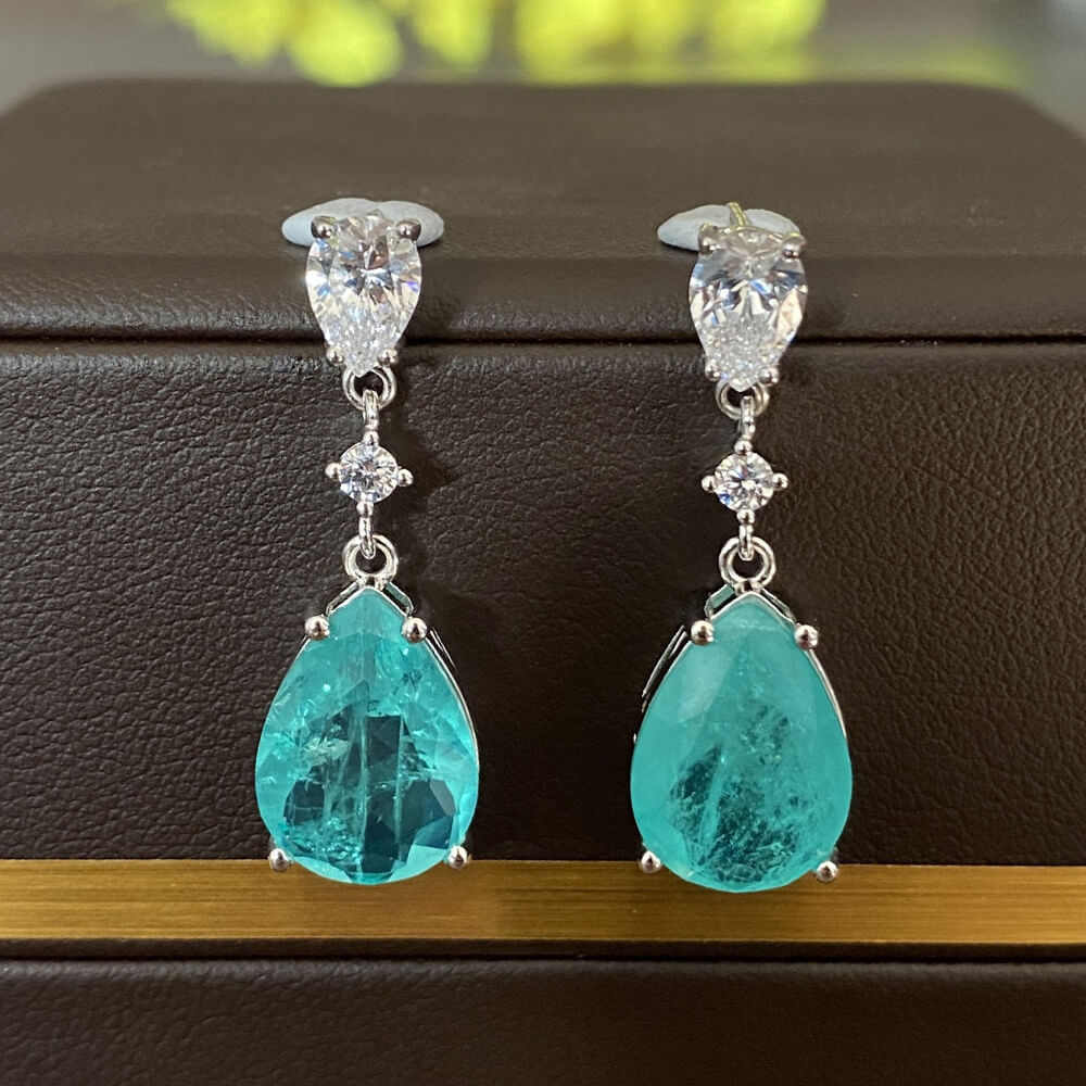 Pear Cut Paraiba Tourmaline Sterling Silver Drop Earrings