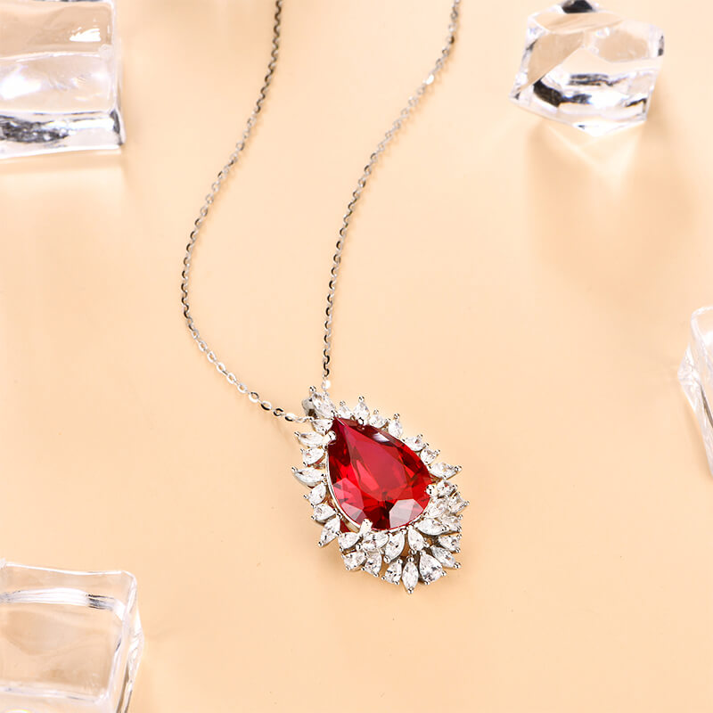 Pear Cut Ruby Cluster Sterling Silver Necklace