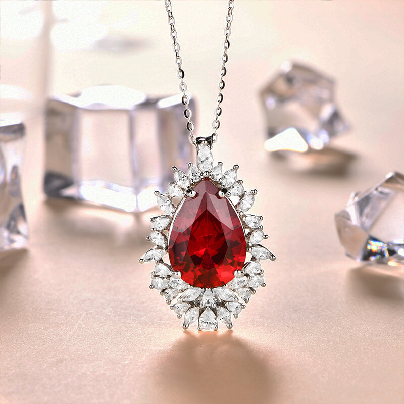 Pear Cut Ruby Cluster Sterling Silver Necklace