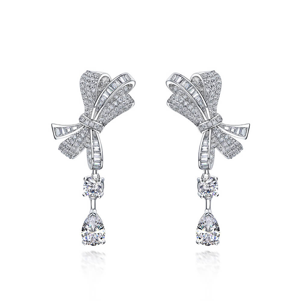 Pear Lab-Sapphire Bow Sterling Silver Drop Earrings