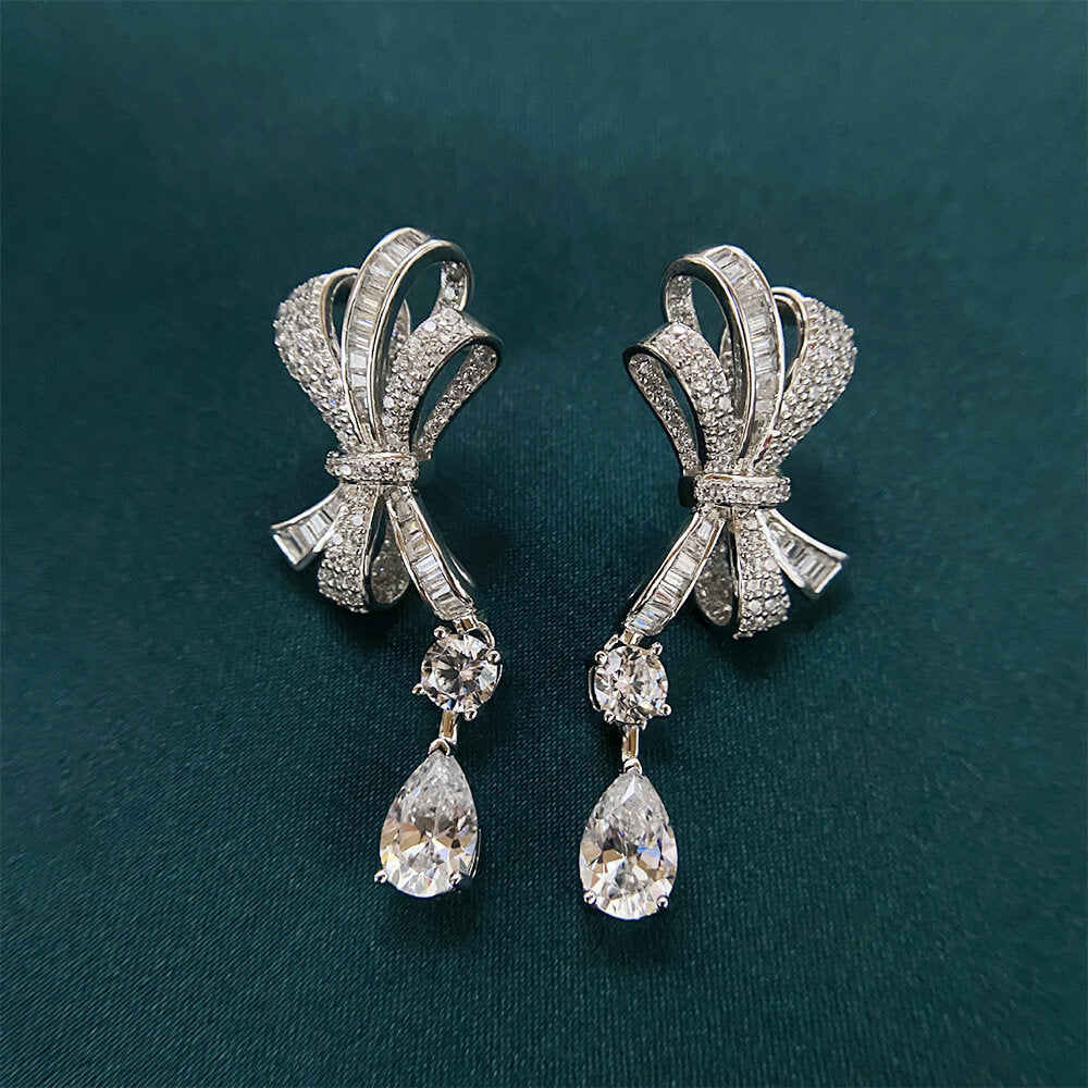 Pear Lab-Sapphire Bow Sterling Silver Drop Earrings
