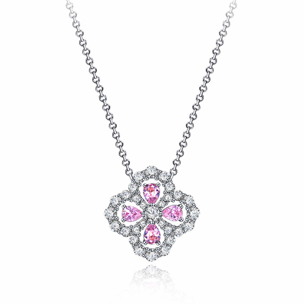 Pear Lab-Sapphire Four Leaf Clover Sterling Silver Necklace