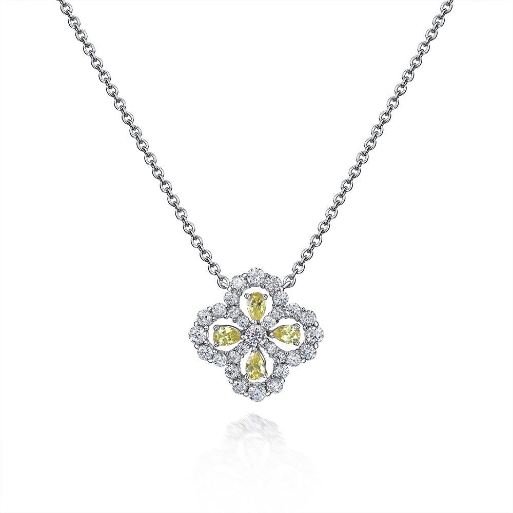 Pear Lab-Sapphire Four Leaf Clover Sterling Silver Necklace