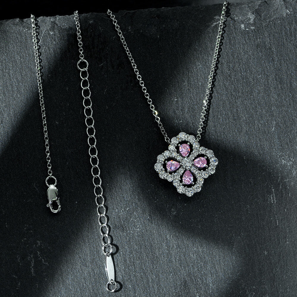 Pear Lab-Sapphire Four Leaf Clover Sterling Silver Necklace