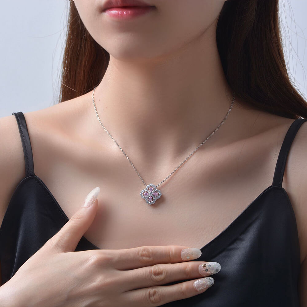 Pear Lab-Sapphire Four Leaf Clover Sterling Silver Necklace