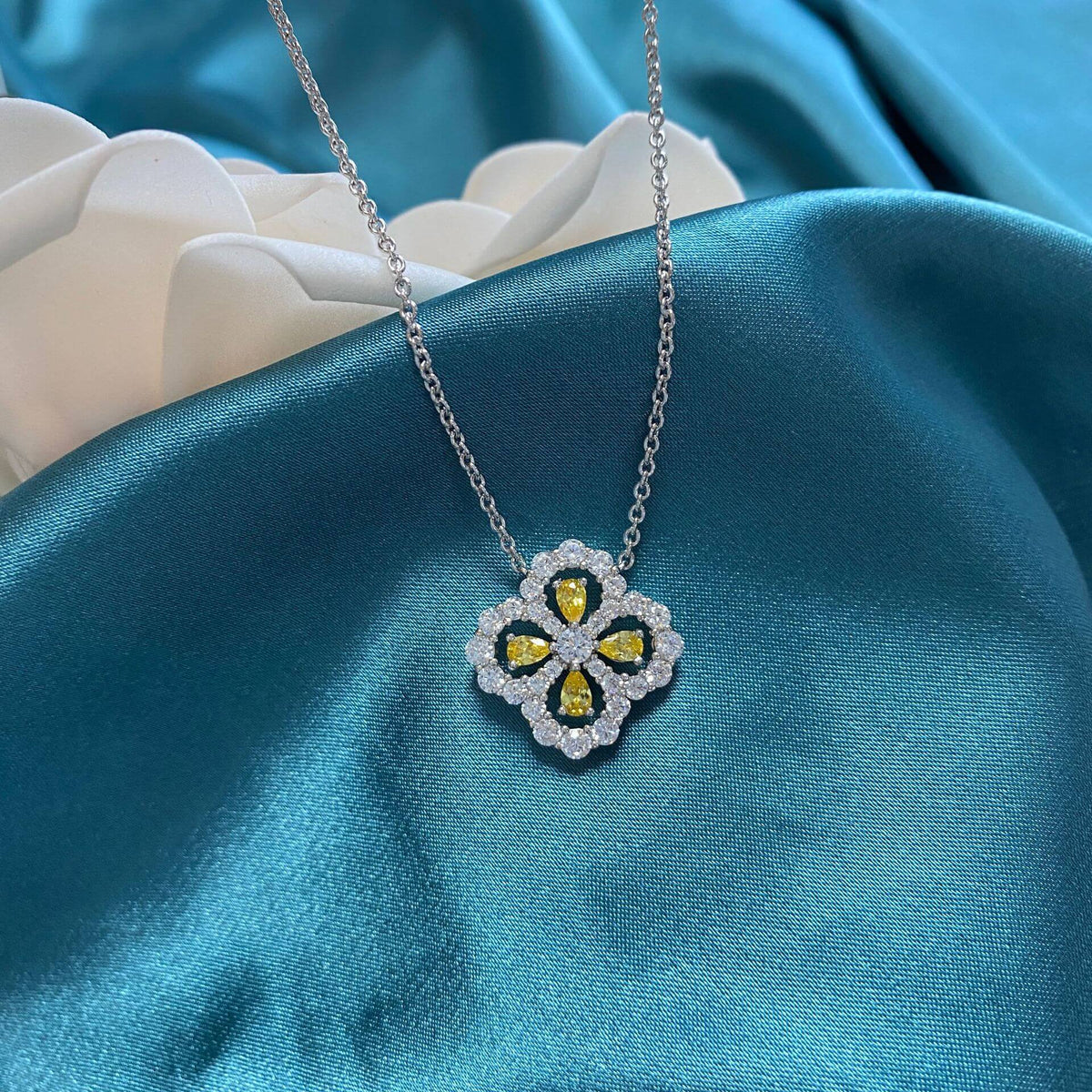 Pear Lab-Sapphire Four Leaf Clover Sterling Silver Necklace