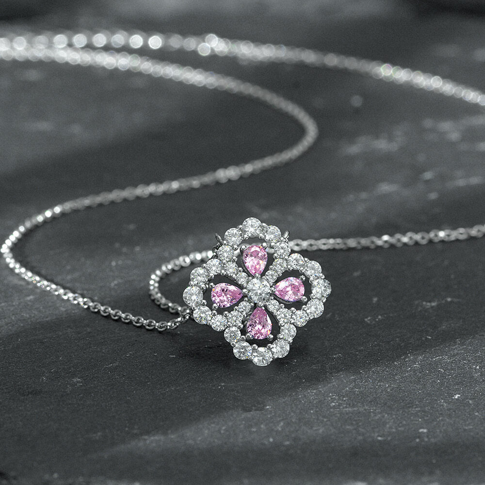 Pear Lab-Sapphire Four Leaf Clover Sterling Silver Necklace