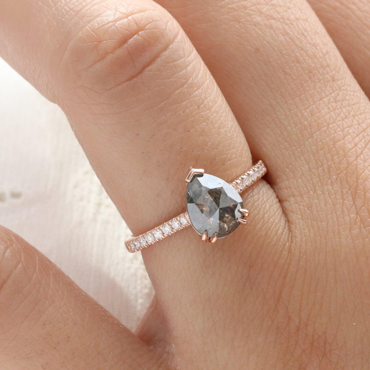 Astrid’s Stardust | 2CT Pear Cut Salt & Pepper Diamond Pavé Engagement Ring