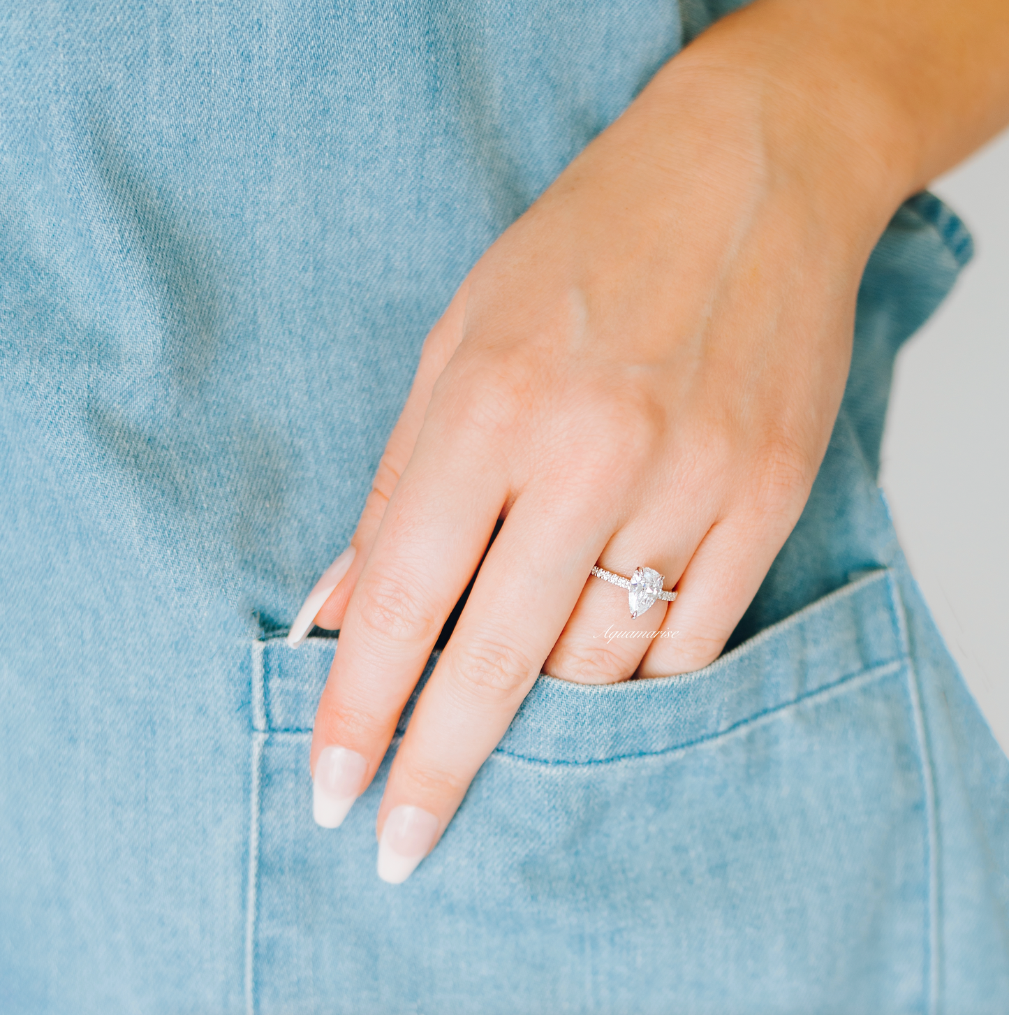 Pear White Sapphire Engagement Ring with Hidden Halo in Sterling Silver