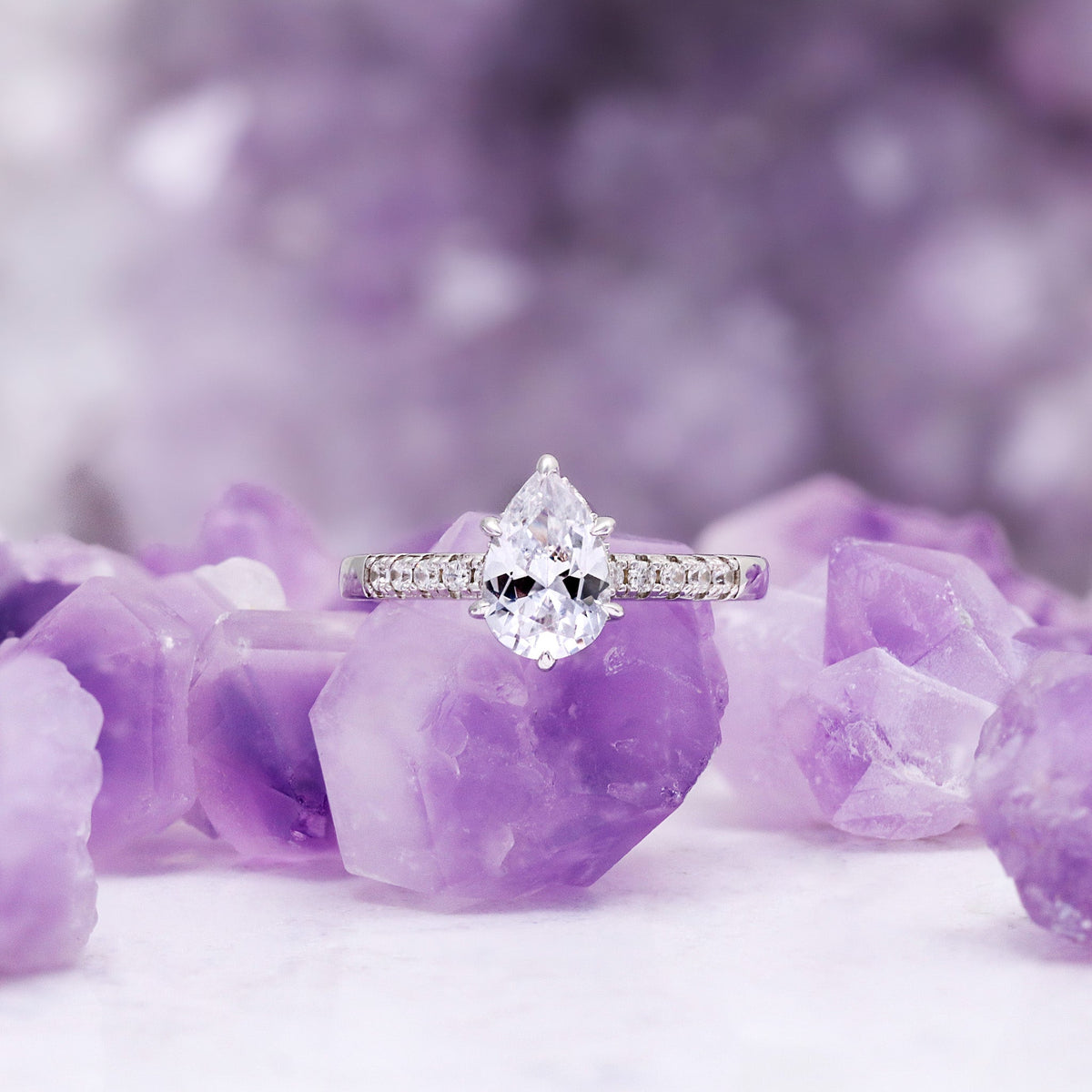 Pear White Sapphire Engagement Ring with Hidden Halo in Sterling Silver