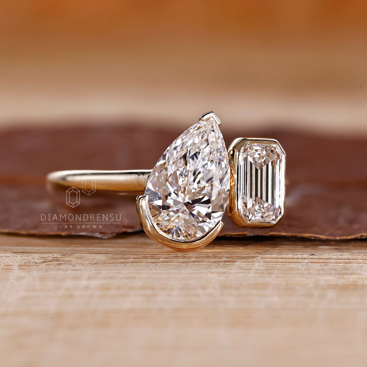 Bezel Set Pear and Emerald Diamond Toi Et Moi Engagement Ring