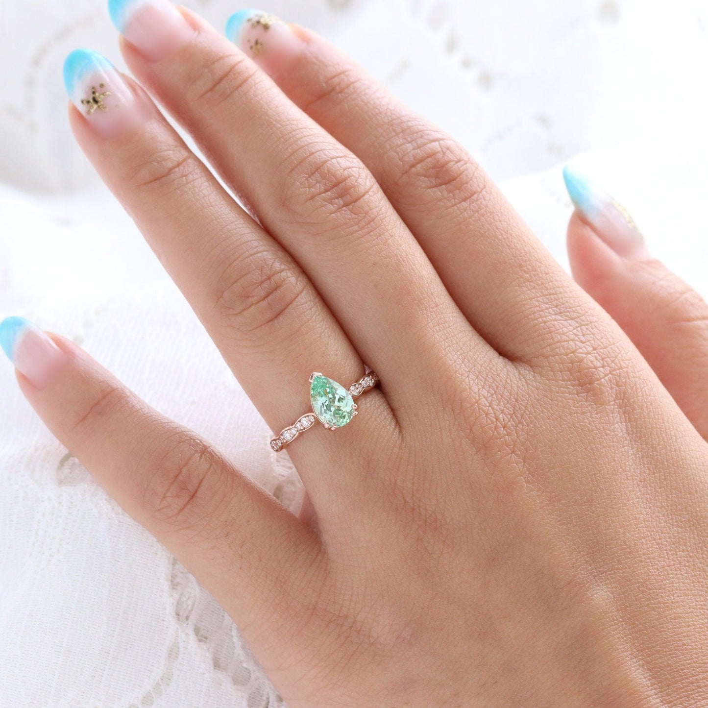 Cora's Mist | 1.5CT Pear Cut Green Sapphire Engagement Ring