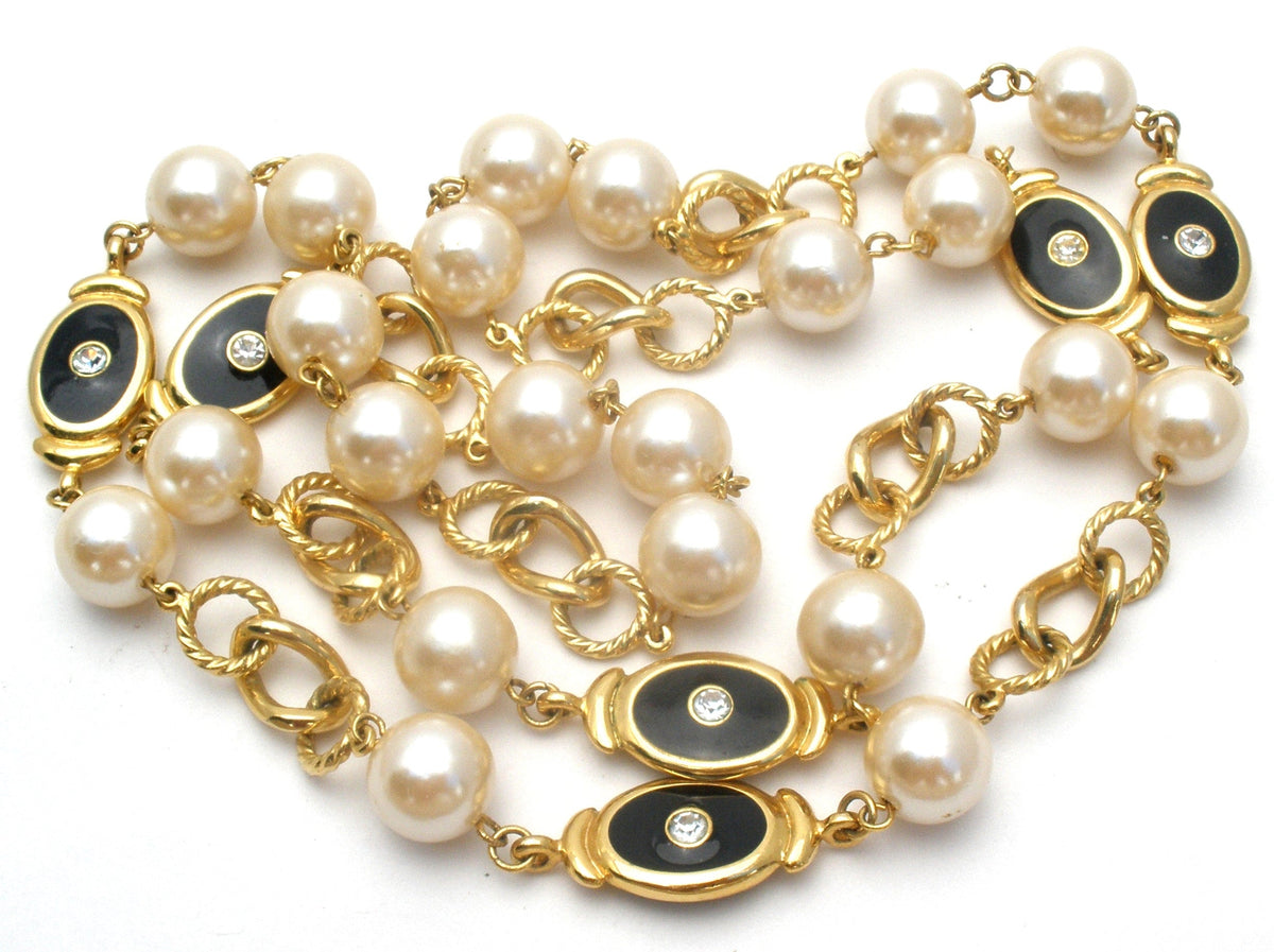 Pearl Rhinestone & Black Enamel Necklace 32"