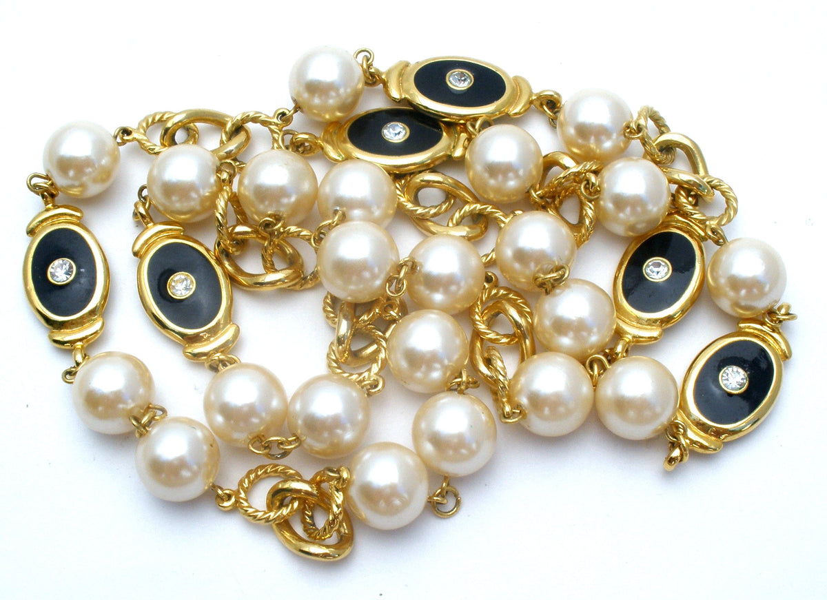 Pearl Rhinestone & Black Enamel Necklace 32"