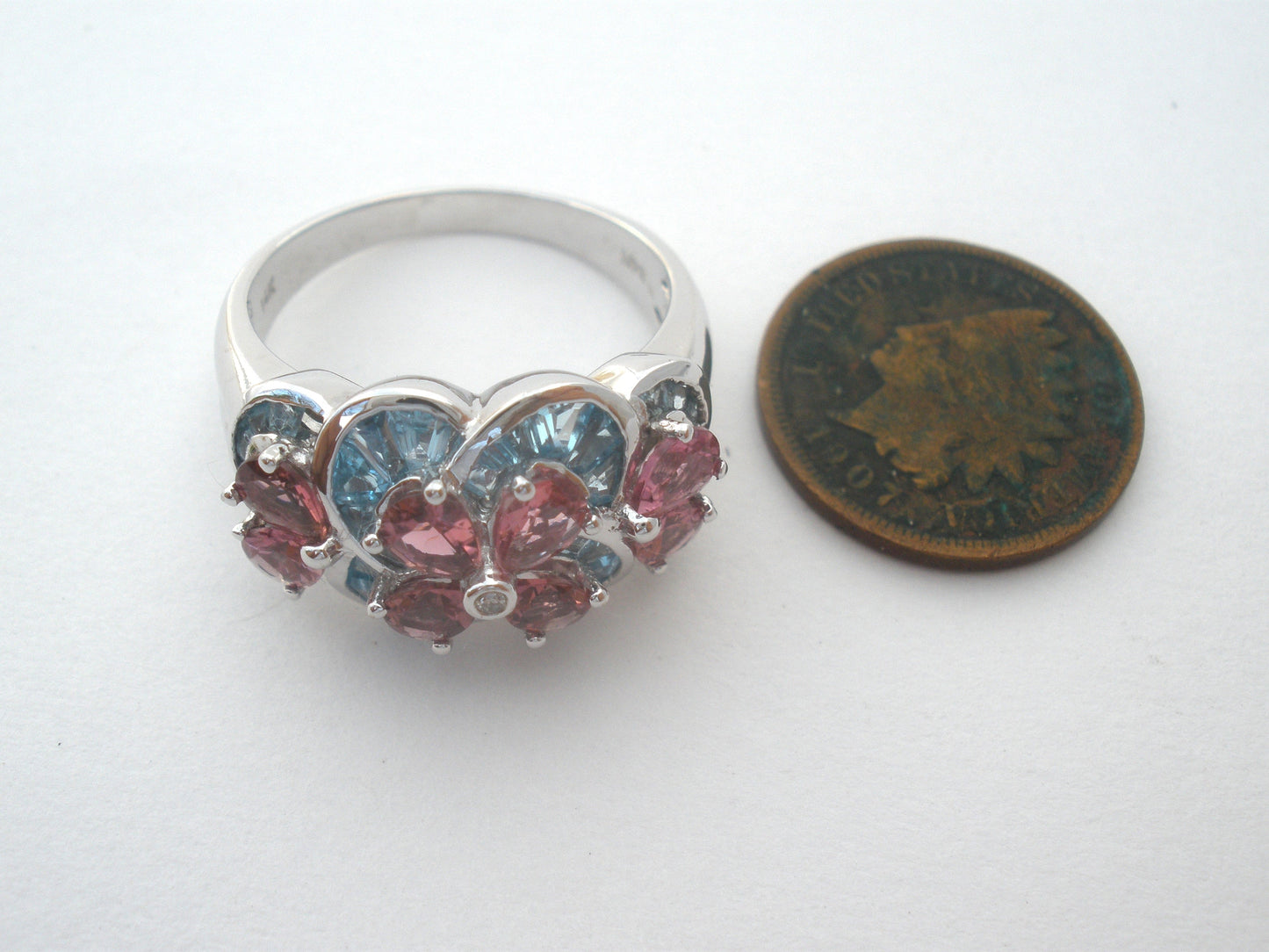 Pink Tourmaline Blue Topaz 14K Gold Ring Size 9