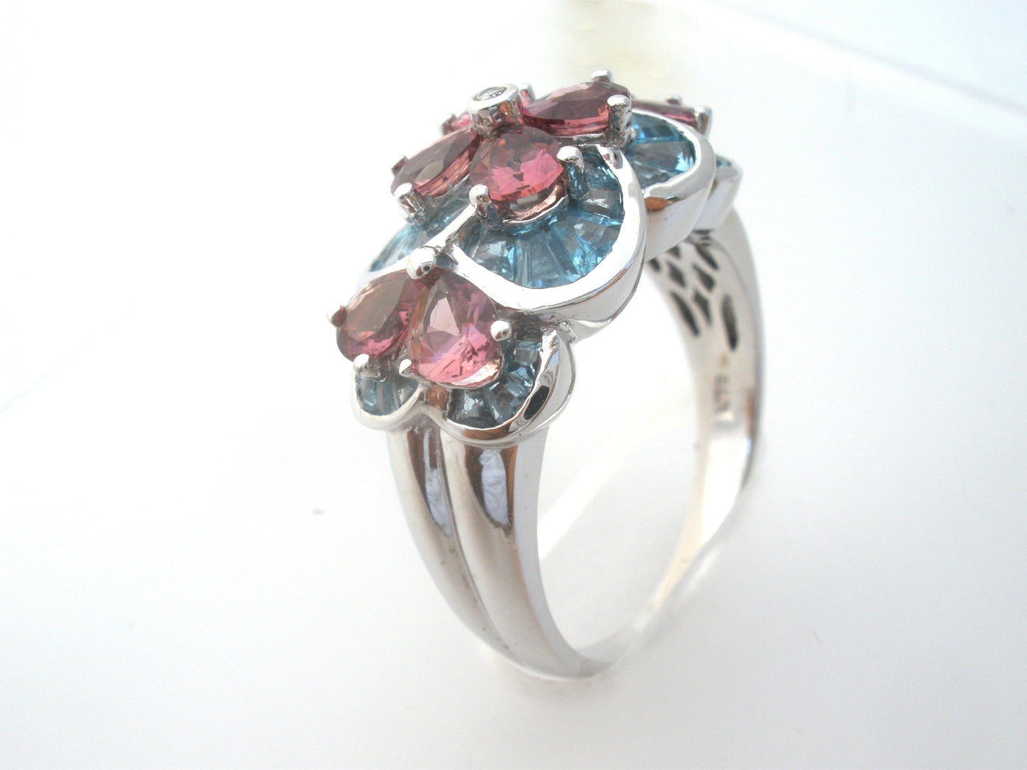 Pink Tourmaline Blue Topaz 14K Gold Ring Size 9