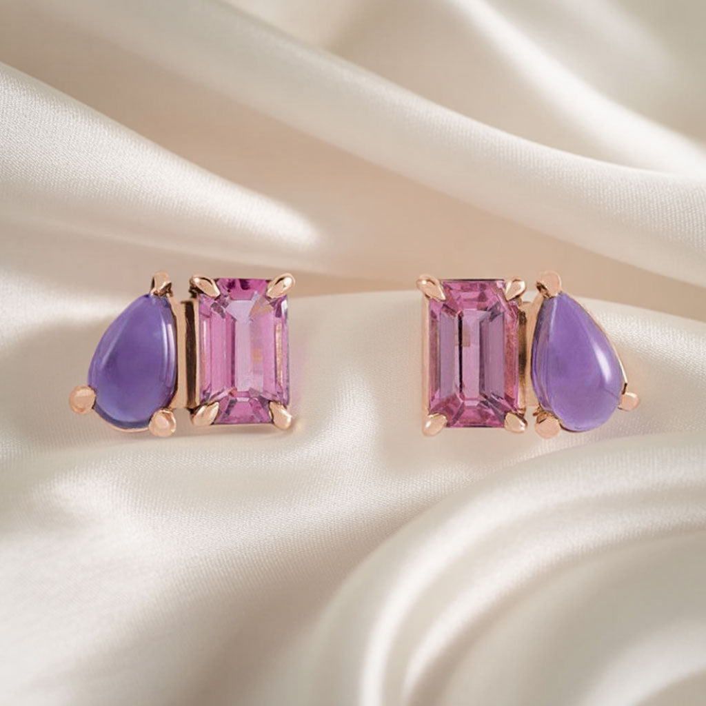 Pink Tourmaline & Amethyst Two-Stone Stud Earrings